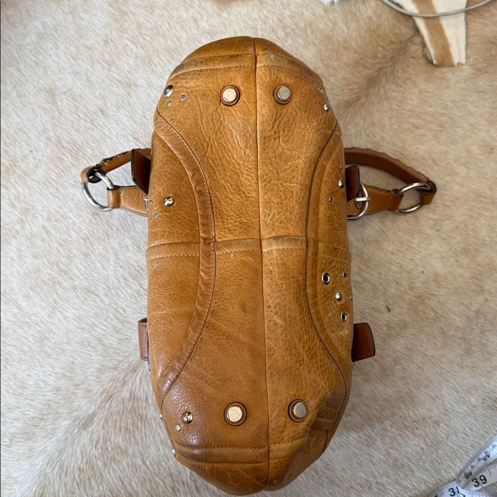 vintage Y2K Coach Hampton satchel in a tan color leather silver studs braided